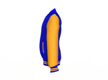 Load image into Gallery viewer, Blue Varsity Letterman Jacket with Gold Sleeves - Shearling leather