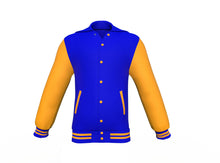 Load image into Gallery viewer, Blue Varsity Letterman Jacket with Gold Sleeves - Shearling leather