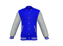 Load image into Gallery viewer, Blue Varsity Letterman Jacket with Grey Sleeves - Shearling leather