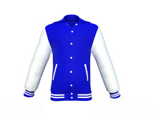 Load image into Gallery viewer, Blue Varsity Letterman Jacket with White Sleeves - Shearling leather