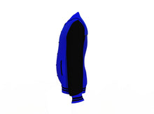 Load image into Gallery viewer, Blue Varsity Letterman Jacket with Black Sleeves - Shearling leather