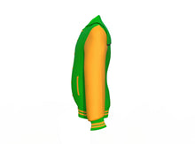 Load image into Gallery viewer, Light Green Varsity Letterman Jacket with Gold Sleeves - Shearling leather