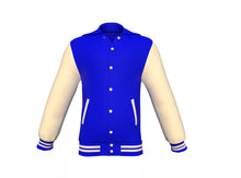 Load image into Gallery viewer, Blue Varsity Letterman Jacket with Cream Sleeves - Shearling leather
