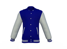 Load image into Gallery viewer, Navy Varsity Letterman Jacket with Grey Sleeves - Shearling leather