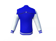 Load image into Gallery viewer, Blue Varsity Letterman Jacket with White Sleeves - Shearling leather