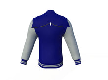 Load image into Gallery viewer, Navy Varsity Letterman Jacket with Grey Sleeves - Shearling leather