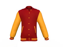 Load image into Gallery viewer, Maroon Varsity Letterman Jacket with Gold Sleeves - Shearling leather