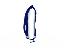 Load image into Gallery viewer, Navy Varsity Letterman Jacket with White Sleeves - Shearling leather