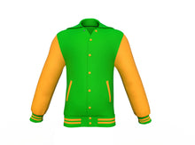 Load image into Gallery viewer, Light Green Varsity Letterman Jacket with Gold Sleeves - Shearling leather