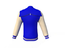 Load image into Gallery viewer, Blue Varsity Letterman Jacket with Cream Sleeves - Shearling leather
