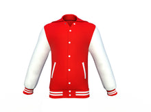 Load image into Gallery viewer, Red Varsity Letterman Jacket with White Sleeves - Shearling leather
