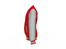 Load image into Gallery viewer, Red Varsity Letterman Jacket with Grey Sleeves - Shearling leather