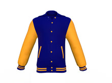 Load image into Gallery viewer, Navy Varsity Letterman Jacket with Gold Sleeves - Shearling leather