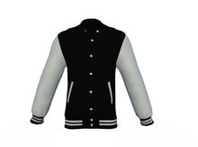Load image into Gallery viewer, Black Varsity Letterman Jacket with Grey Sleeves - Shearling leather