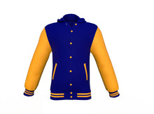 Load image into Gallery viewer, Navy Varsity Letterman Jacket with Gold Sleeves - Shearling leather