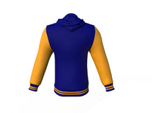 Load image into Gallery viewer, Navy Varsity Letterman Jacket with Gold Sleeves - Shearling leather