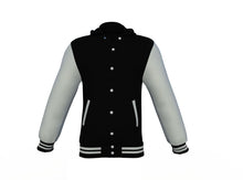 Load image into Gallery viewer, Black Varsity Letterman Jacket with Grey Sleeves - Shearling leather
