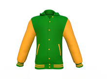 Load image into Gallery viewer, Dark Green Varsity Letterman Jacket with Gold Sleeves - Shearling leather