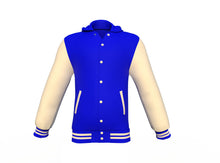 Load image into Gallery viewer, Blue Varsity Letterman Jacket with Cream Sleeves - Shearling leather
