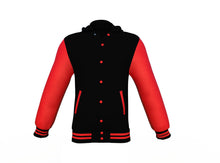 Load image into Gallery viewer, Black Varsity Letterman Jacket with Red Sleeves - Shearling leather