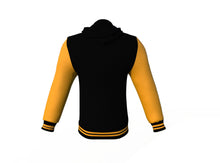Load image into Gallery viewer, Black Varsity Letterman Jacket with Gold Sleeves - Shearling leather