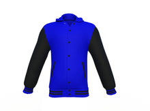 Load image into Gallery viewer, Blue Varsity Letterman Jacket with Black Sleeves - Shearling leather
