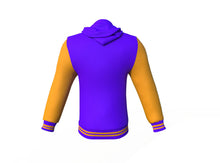 Load image into Gallery viewer, Purple Varsity Letterman Jacket with Gold Sleeves - Shearling leather