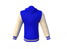 Load image into Gallery viewer, Blue Varsity Letterman Jacket with Cream Sleeves - Shearling leather