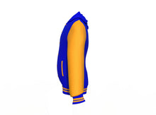 Load image into Gallery viewer, Blue Varsity Letterman Jacket with Gold Sleeves - Shearling leather