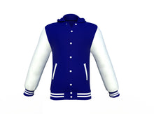 Load image into Gallery viewer, Navy Varsity Letterman Jacket with White Sleeves - Shearling leather