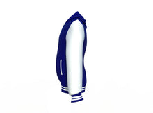 Load image into Gallery viewer, Navy Varsity Letterman Jacket with White Sleeves - Shearling leather