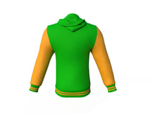 Load image into Gallery viewer, Light Green Varsity Letterman Jacket with Gold Sleeves - Shearling leather