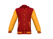Load image into Gallery viewer, Maroon Varsity Letterman Jacket with Gold Sleeves - Shearling leather