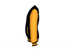 Load image into Gallery viewer, Black Varsity Letterman Jacket with Gold Sleeves - Shearling leather