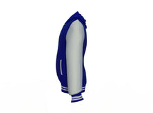 Load image into Gallery viewer, Navy Varsity Letterman Jacket with Grey Sleeves - Shearling leather