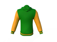 Load image into Gallery viewer, Dark Green Varsity Letterman Jacket with Gold Sleeves - Shearling leather