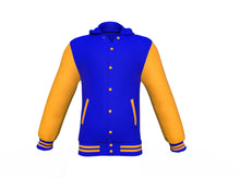 Load image into Gallery viewer, Blue Varsity Letterman Jacket with Gold Sleeves - Shearling leather