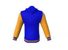 Load image into Gallery viewer, Blue Varsity Letterman Jacket with Gold Sleeves - Shearling leather