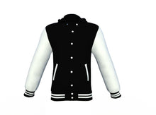 Load image into Gallery viewer, Black Varsity Letterman Jacket with White Sleeves - Shearling leather