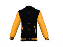 Load image into Gallery viewer, Black Varsity Letterman Jacket with Gold Sleeves - Shearling leather