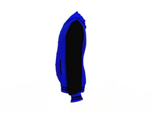 Load image into Gallery viewer, Blue Varsity Letterman Jacket with Black Sleeves - Shearling leather