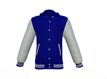Load image into Gallery viewer, Navy Varsity Letterman Jacket with Grey Sleeves - Shearling leather