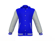 Load image into Gallery viewer, Blue Varsity Letterman Jacket with Grey Sleeves - Shearling leather