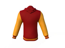 Load image into Gallery viewer, Maroon Varsity Letterman Jacket with Gold Sleeves - Shearling leather