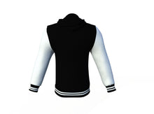Load image into Gallery viewer, Black Varsity Letterman Jacket with White Sleeves - Shearling leather
