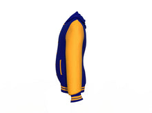 Load image into Gallery viewer, Navy Varsity Letterman Jacket with Gold Sleeves - Shearling leather