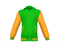 Load image into Gallery viewer, Light Green Varsity Letterman Jacket with Gold Sleeves - Shearling leather