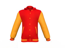 Load image into Gallery viewer, Red Varsity Letterman Jacket with Gold Sleeves - Shearling leather
