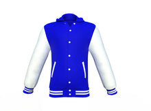 Load image into Gallery viewer, Blue Varsity Letterman Jacket with White Sleeves - Shearling leather