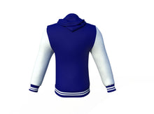 Load image into Gallery viewer, Navy Varsity Letterman Jacket with White Sleeves - Shearling leather